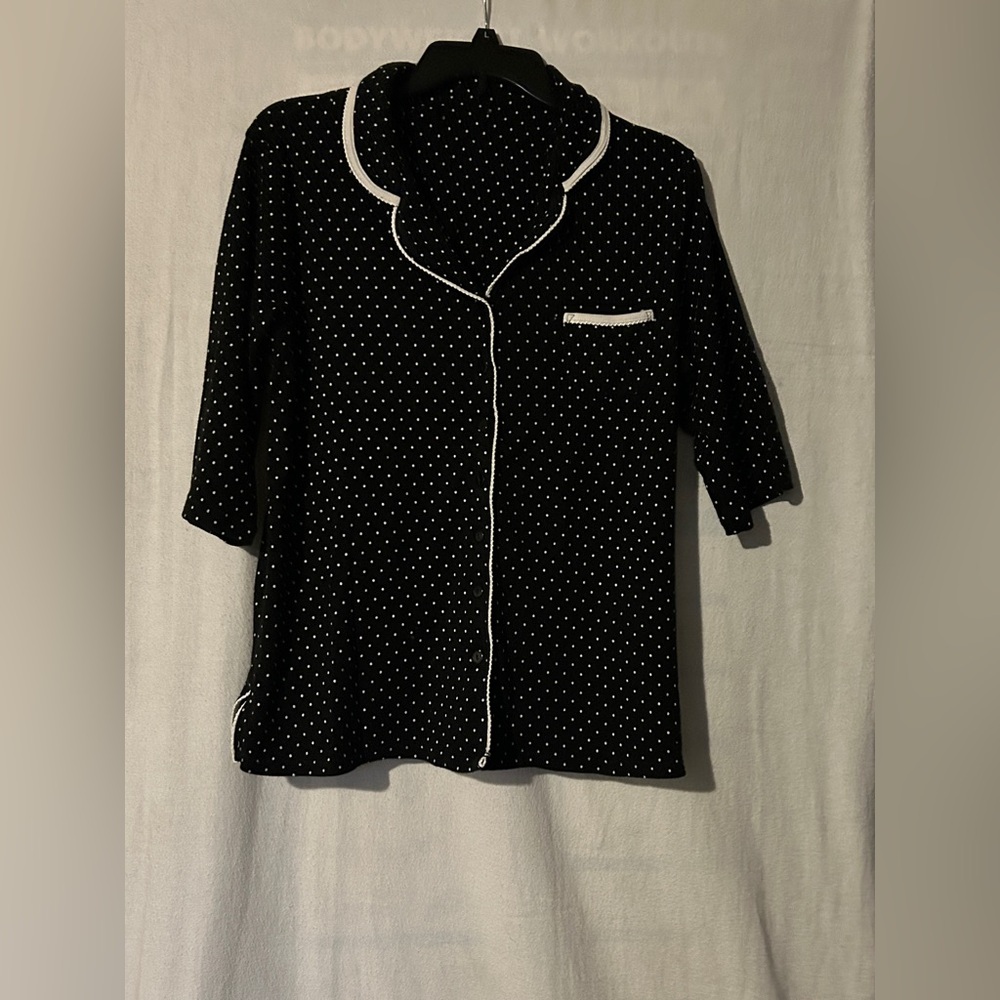 Pajamas Black and White Polka Dots Top and bottom  size Large. Pocket on the top